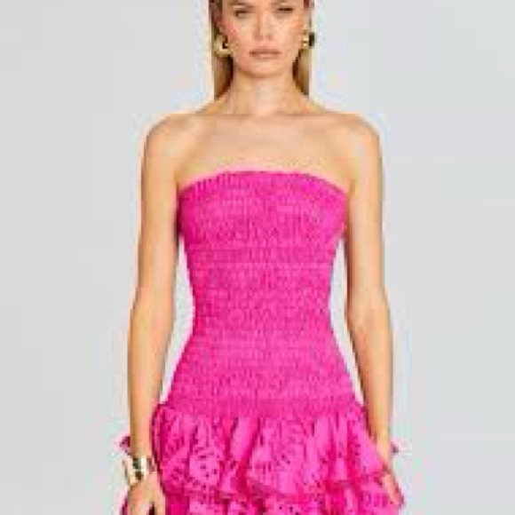 Drop waist ruched Strapless Pink Ruffle Dress - Picture 1 of 3